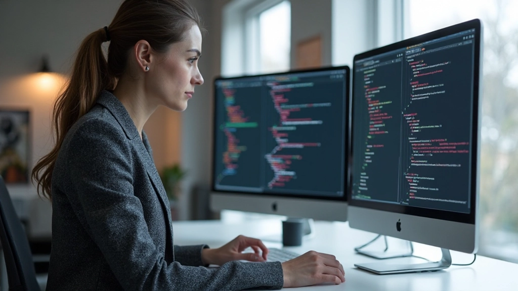 Designer onderzoekt CSS media query code en responsieve grid lay-outs op monitor
