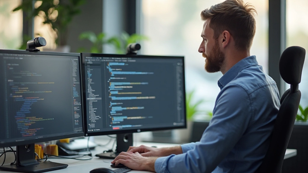 Professionele afbeelding van webdesigner die CSS-layouts op monitor demonstreert met moderne kantooromgeving