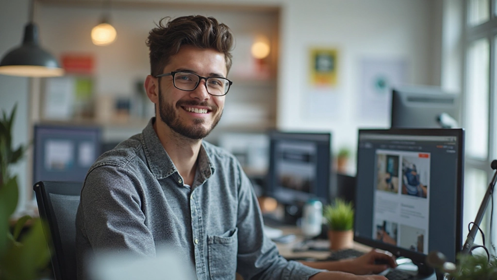 Vreugdevolle developer die responsive webdesign op scherm voltooid met beide devices die perfect werken